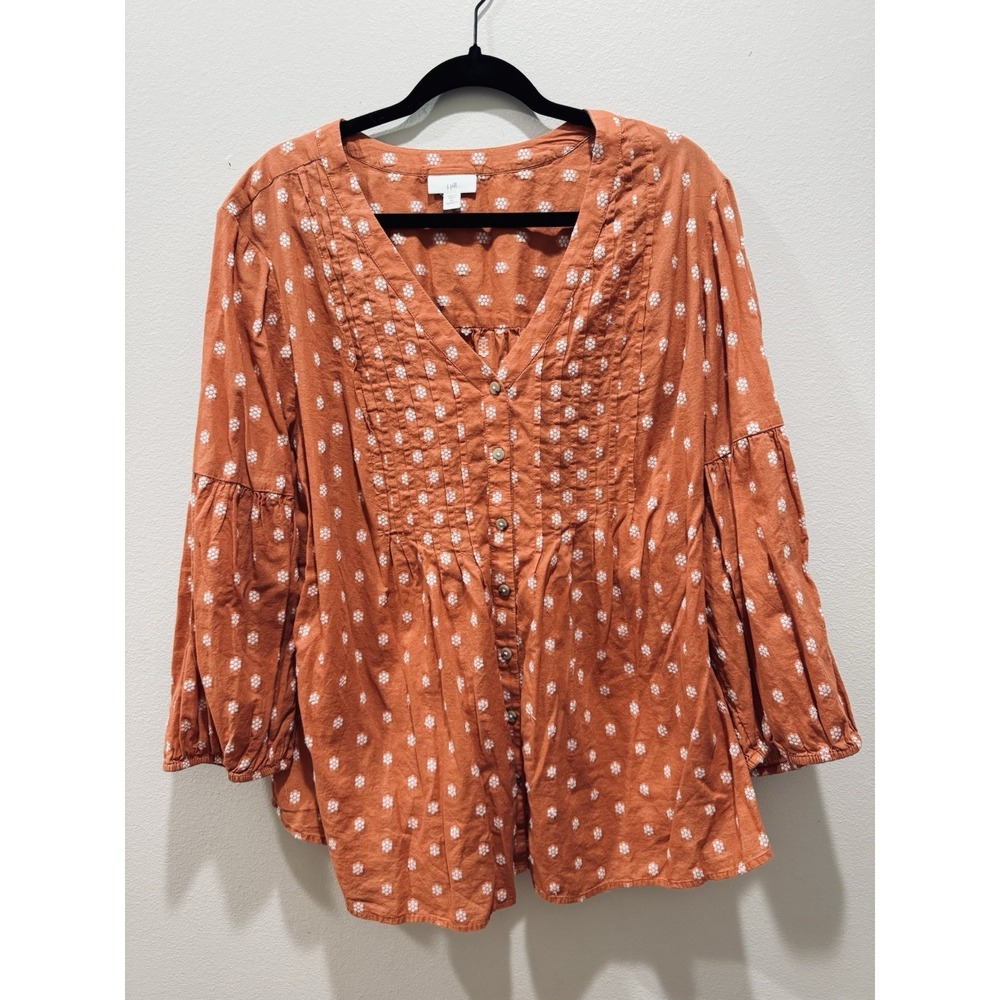 J. Jill Peasant Top 3X Orange Boho Button Up Made In India Fall Top
